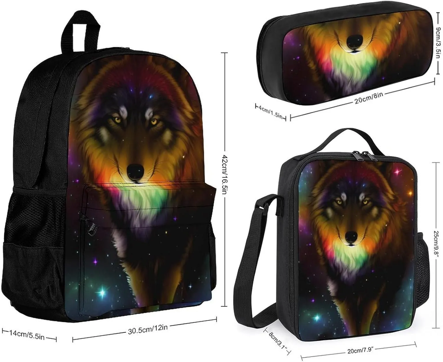 Daypack Backpack Sets, Daypack   Lunch Bag   Pencil Case for Camping Outdoors Cycling, Galaxy Psychedelic Wolf Night Sky Space Art Backpack Rucksack for Adults