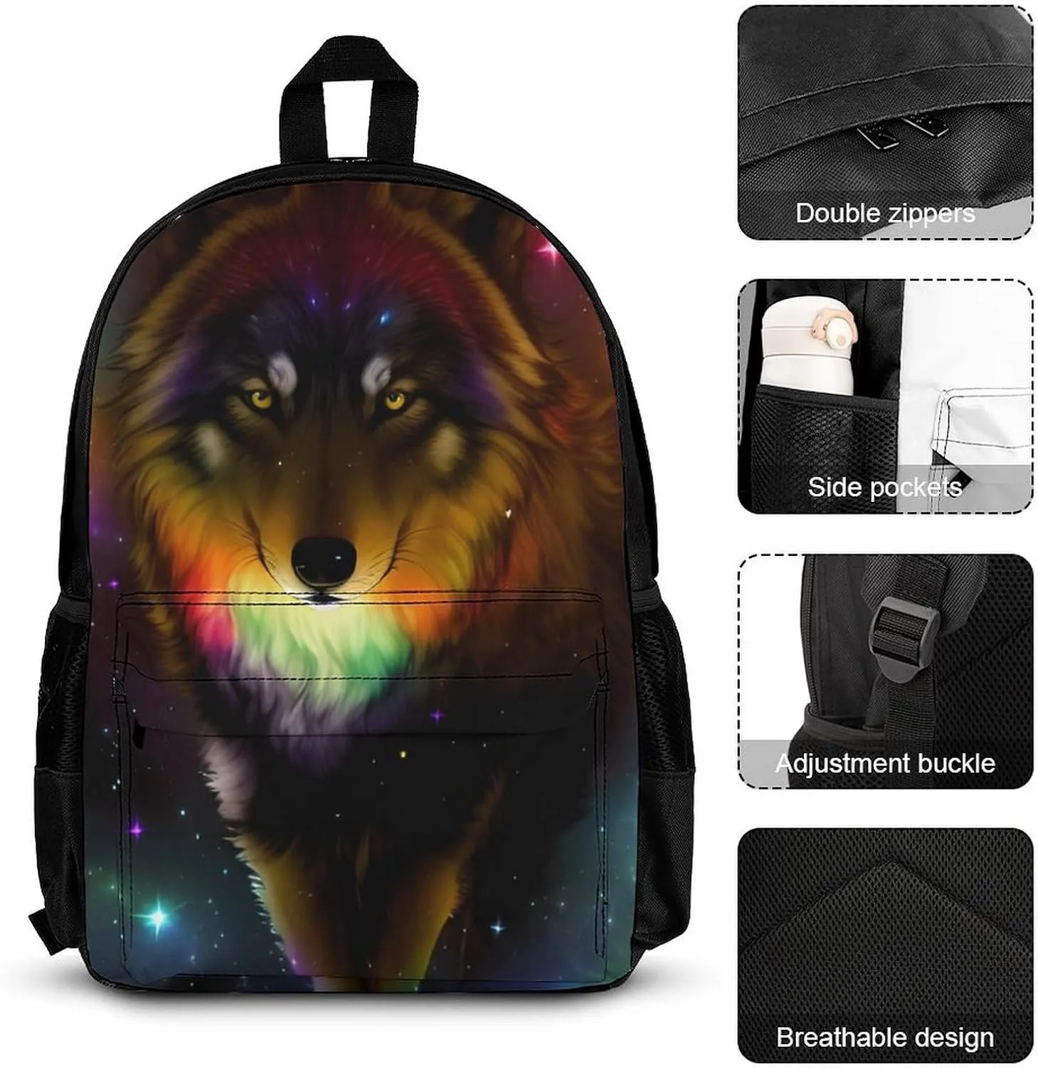 Daypack Backpack Sets, Daypack   Lunch Bag   Pencil Case for Camping Outdoors Cycling, Galaxy Psychedelic Wolf Night Sky Space Art Backpack Rucksack for Adults