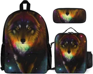Daypack Backpack Sets, Daypack   Lunch Bag   Pencil Case for Camping Outdoors Cycling, Galaxy Psychedelic Wolf Night Sky Space Art Backpack Rucksack for Adults