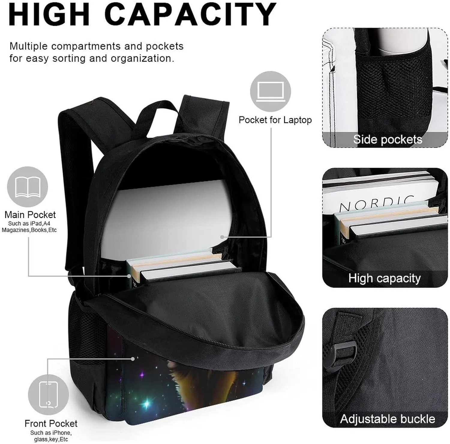Daypack Backpack Sets, Daypack   Lunch Bag   Pencil Case for Camping Outdoors Cycling, Galaxy Psychedelic Wolf Night Sky Space Art Backpack Rucksack for Adults