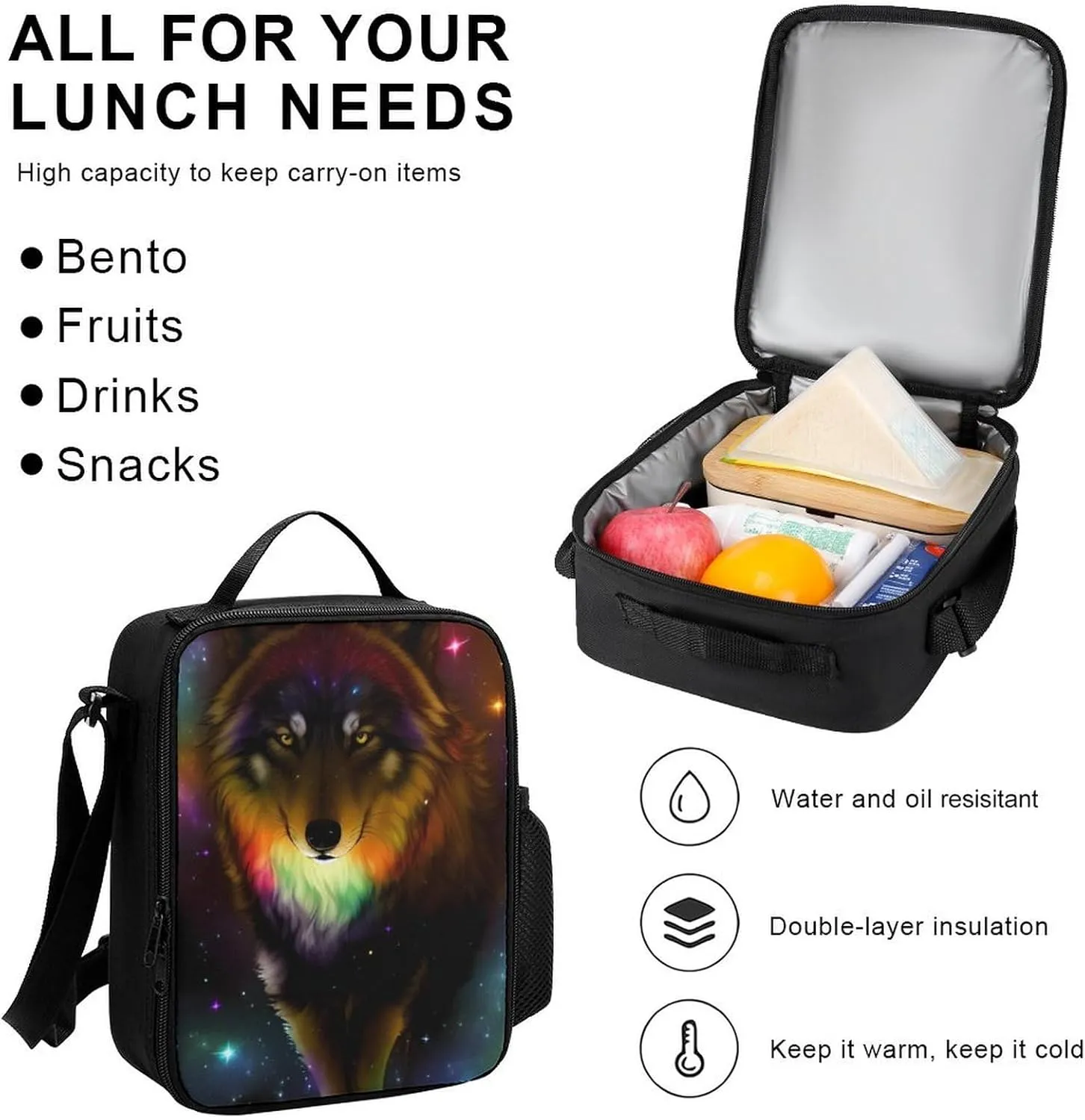 Daypack Backpack Sets, Daypack   Lunch Bag   Pencil Case for Camping Outdoors Cycling, Galaxy Psychedelic Wolf Night Sky Space Art Backpack Rucksack for Adults