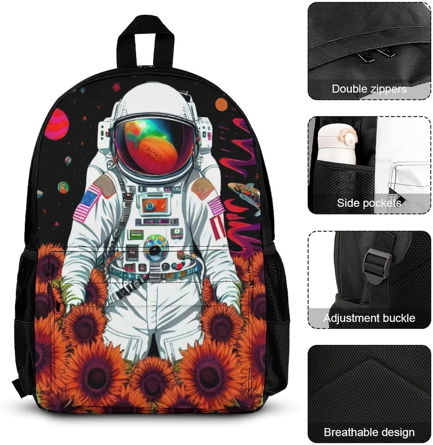 Daypack Backpack Sets, Rucksacks   Lunch Bag   Pencil Case, Psychedelic Space Astronaut Sunflower Snake Art Travel Hiking & Camping Rucksack for College Men and Women