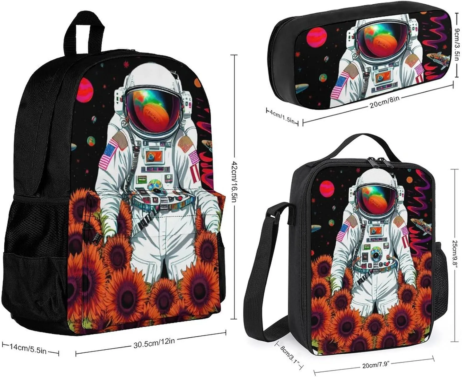 Daypack Backpack Sets, Rucksacks   Lunch Bag   Pencil Case, Psychedelic Space Astronaut Sunflower Snake Art Travel Hiking & Camping Rucksack for College Men and Women