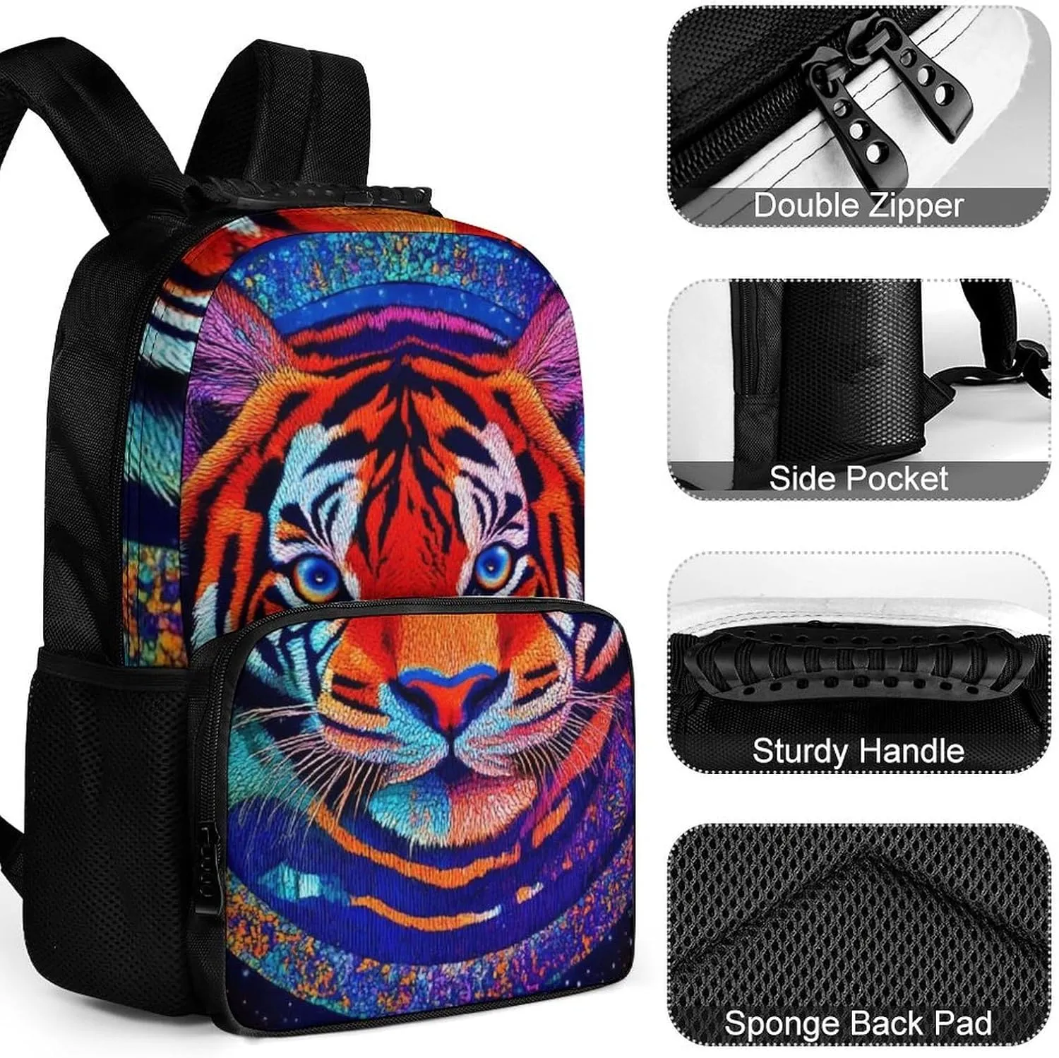 Daypack Bookbag Anti-Theft Multipurpose Large Capacity Bookbag - Trippy Red Tiger Animal Art Travel Hiking & Camping Rucksack With Adjustable Shoulder Straps