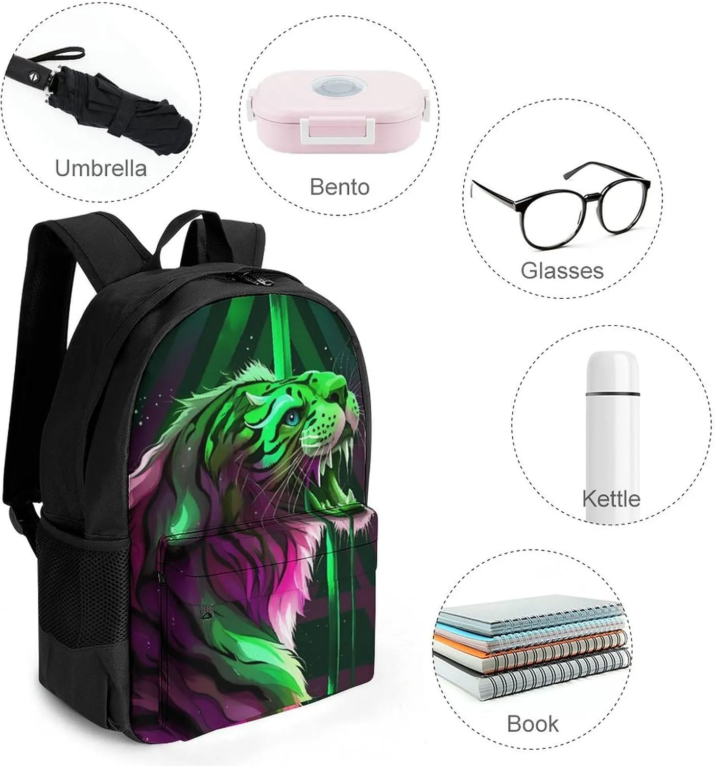 Daypack Bookbag Multipurpose Anti-Theft Big Capacity Carry On Bag - Angry Tiger Rainbow Animal Magic Art Travel Hiking & Camping Rucksack With Padded Straps