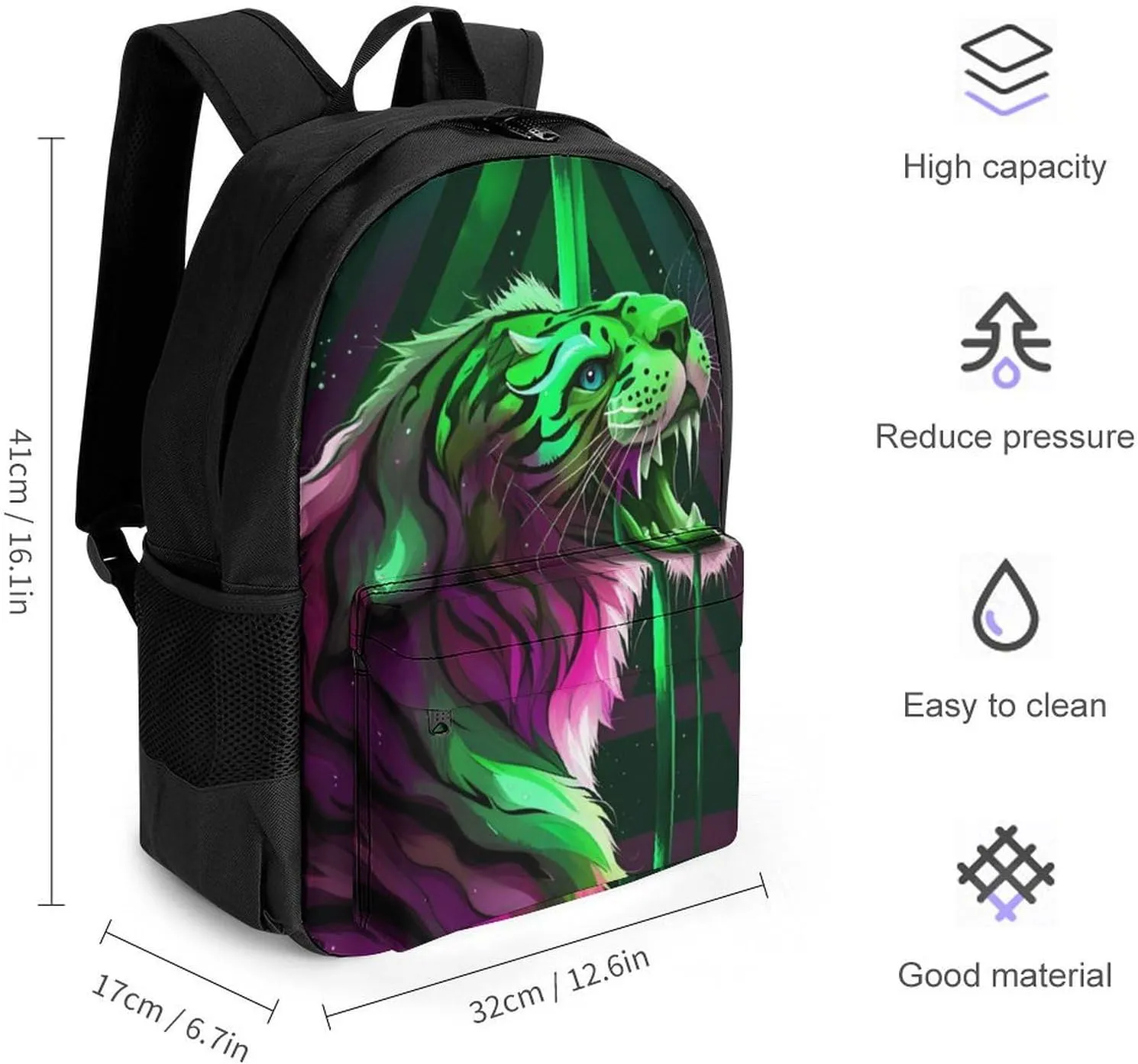 Daypack Bookbag Multipurpose Anti-Theft Big Capacity Carry On Bag - Angry Tiger Rainbow Animal Magic Art Travel Hiking & Camping Rucksack With Padded Straps