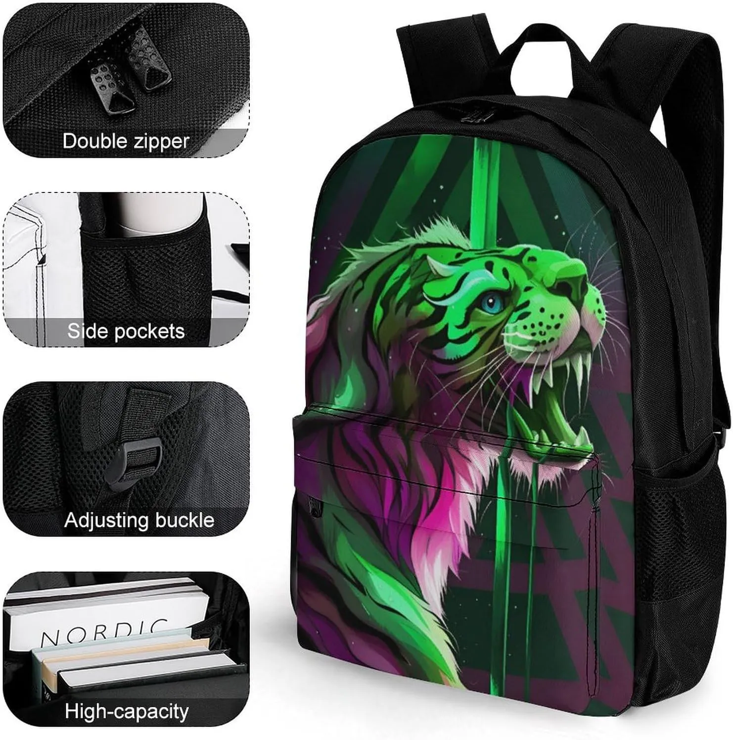 Daypack Bookbag Multipurpose Anti-Theft Big Capacity Carry On Bag - Angry Tiger Rainbow Animal Magic Art Travel Hiking & Camping Rucksack With Padded Straps
