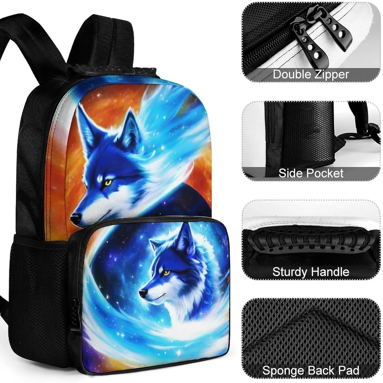 Daypack Bookbag Multipurpose Anti-Theft Big Capacity Carry On Bag - Blue Universe Galaxy Magic Wolf In The Space Art Travel Hiking & Camping Rucksack With Padded Straps