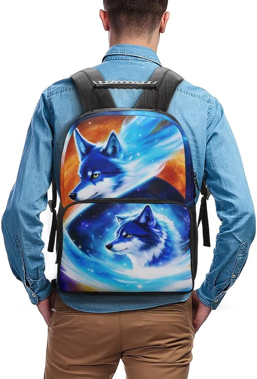Daypack Bookbag Multipurpose Anti-Theft Big Capacity Carry On Bag - Blue Universe Galaxy Magic Wolf In The Space Art Travel Hiking & Camping Rucksack With Padded Straps
