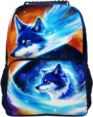 Daypack Bookbag Multipurpose Anti-Theft Big Capacity Carry On Bag - Blue Universe Galaxy Magic Wolf In The Space Art Travel Hiking & Camping Rucksack With Padded Straps