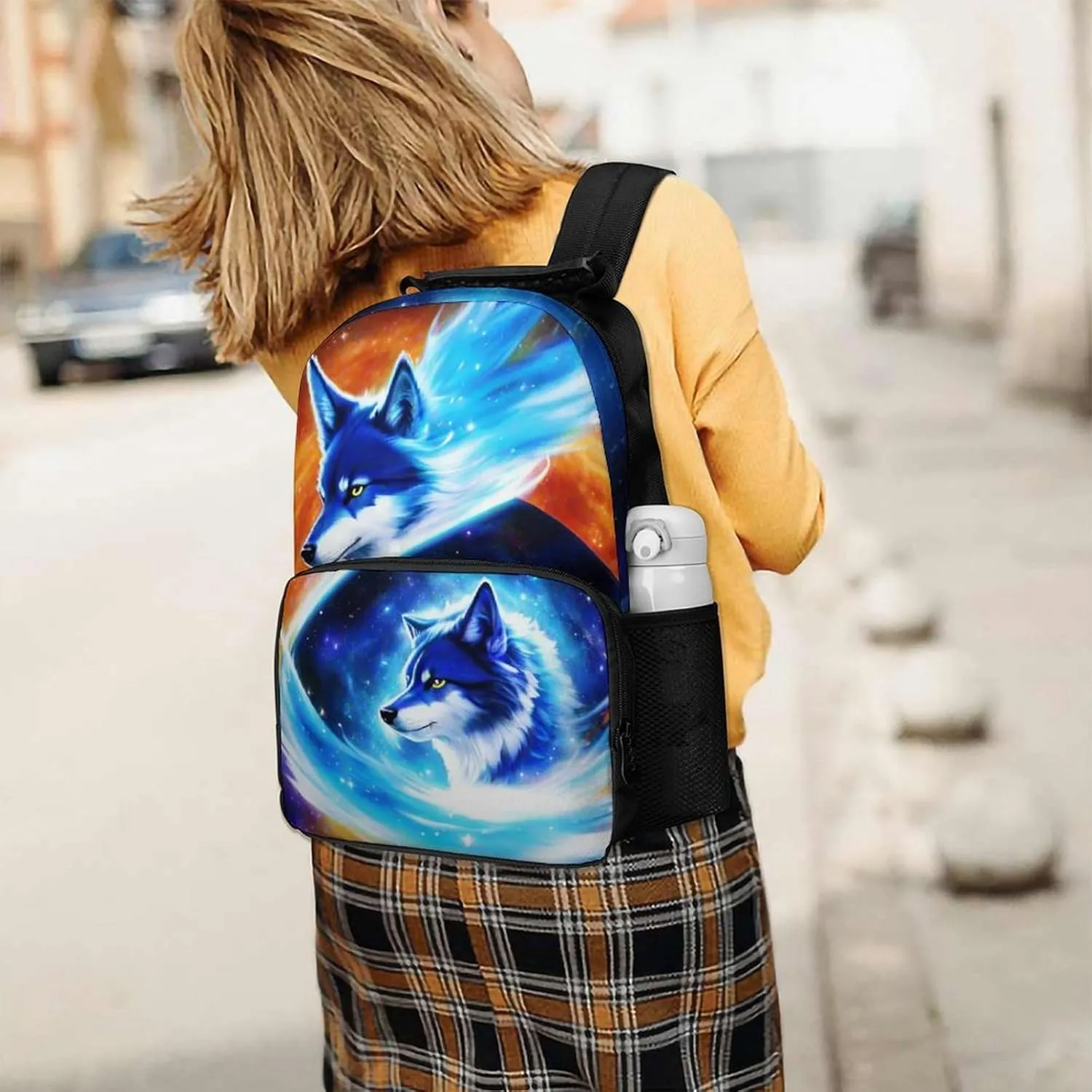 Daypack Bookbag Multipurpose Anti-Theft Big Capacity Carry On Bag - Blue Universe Galaxy Magic Wolf In The Space Art Travel Hiking & Camping Rucksack With Padded Straps