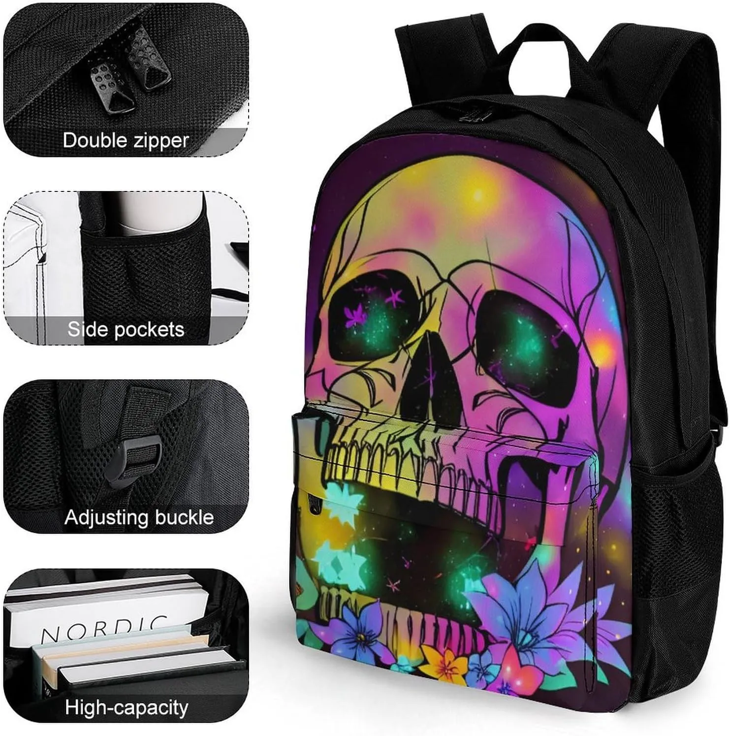 Daypack Bookbag Multipurpose Anti-Theft Big Capacity Carry On Bag - Skull And Fireflies Art Travel Hiking & Camping Rucksack With Padded Straps