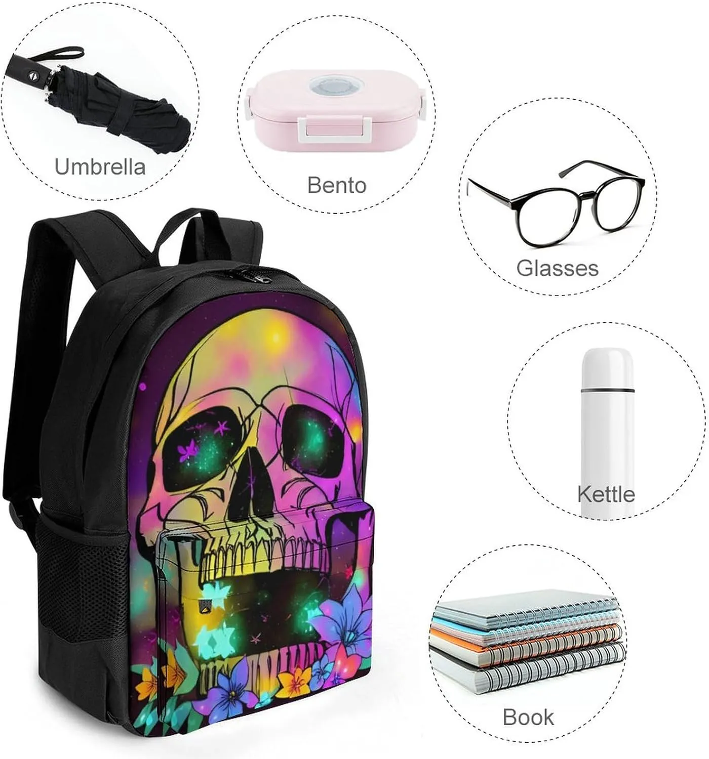 Daypack Bookbag Multipurpose Anti-Theft Big Capacity Carry On Bag - Skull And Fireflies Art Travel Hiking & Camping Rucksack With Padded Straps