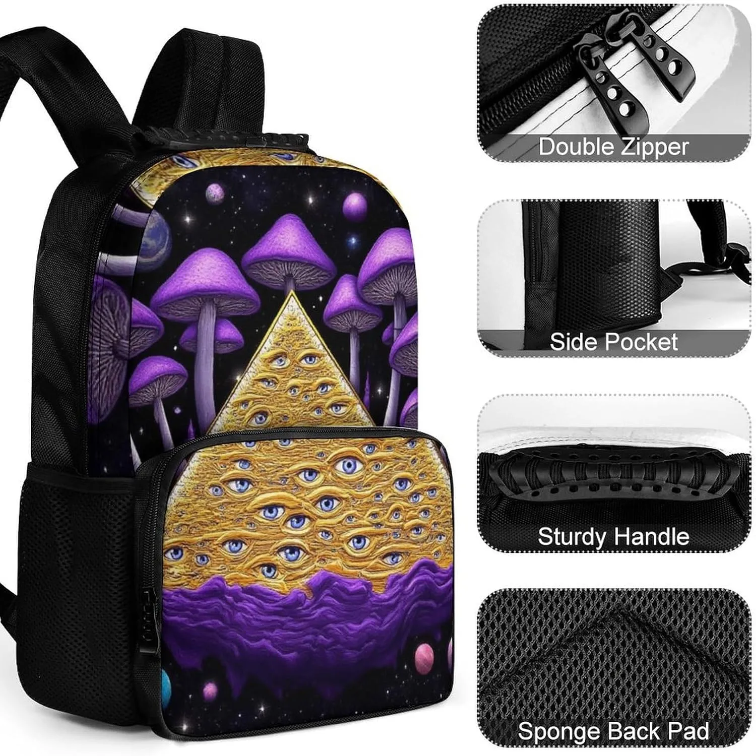 Daypack Bookbag Multipurpose Anti-Theft Big Capacity Carry On Bag - Trippy Magic Mushrooms Universe Art Travel Hiking & Camping Rucksack With Padded Straps