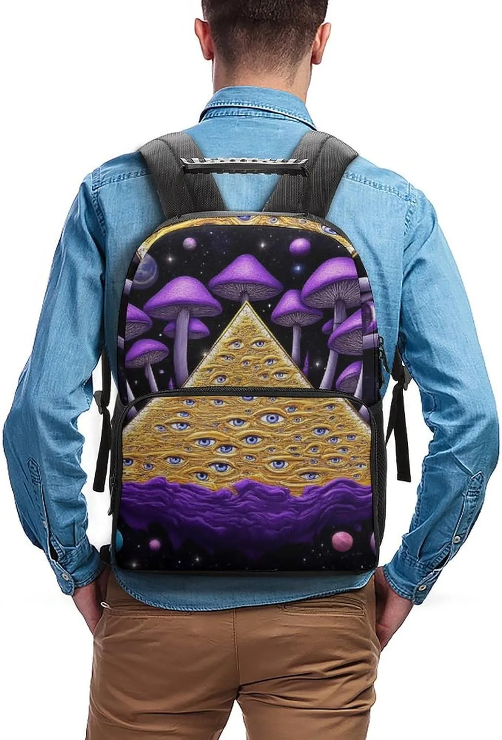 Daypack Bookbag Multipurpose Anti-Theft Big Capacity Carry On Bag - Trippy Magic Mushrooms Universe Art Travel Hiking & Camping Rucksack With Padded Straps
