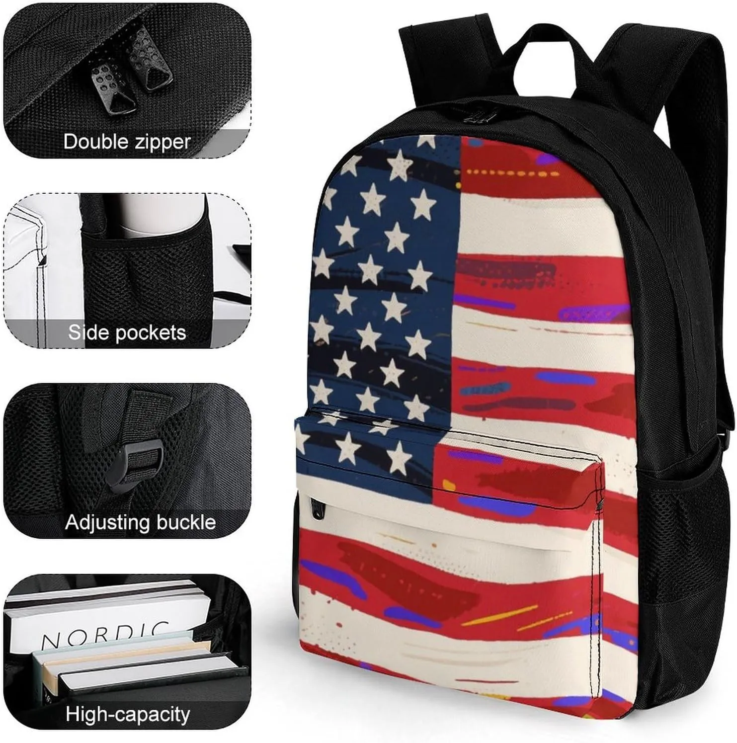 Daypack Bookbag Multipurpose Anti-Theft Big Capacity Carry On Bag - Usa Flag Grunge Old American Flag Art Travel Hiking & Camping Rucksack With Padded Straps