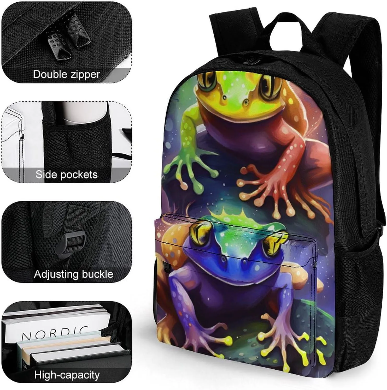 Daypack Bookbag Multipurpose Anti-Theft Big Capacity Carry On Bag - Watercolor Frogs Art Travel Hiking & Camping Rucksack With Padded Straps