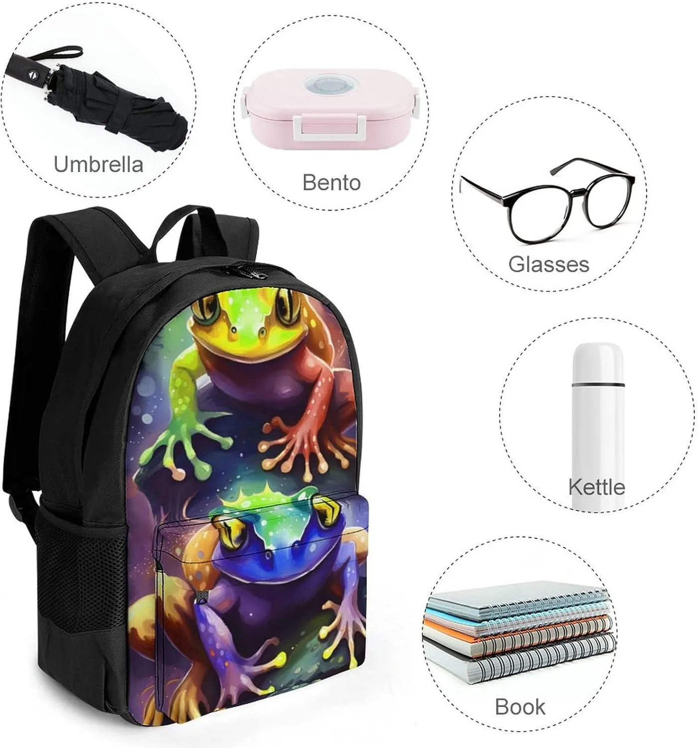 Daypack Bookbag Multipurpose Anti-Theft Big Capacity Carry On Bag - Watercolor Frogs Art Travel Hiking & Camping Rucksack With Padded Straps