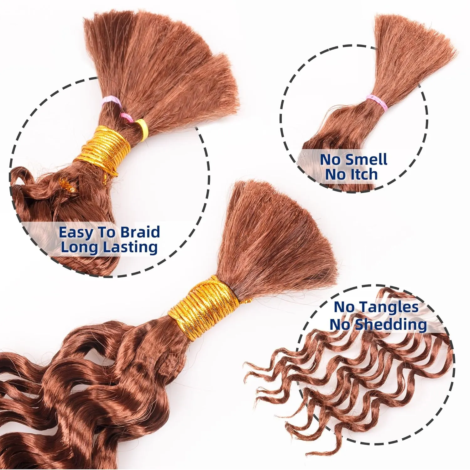 Deep Wave Bulk Braiding Hair Extensions-16 Inches 8 Pakcs Brown Synthetic Curly Hair Bundle for Braiding,No Weft Braids for Human（16"-8 Packs,30#）