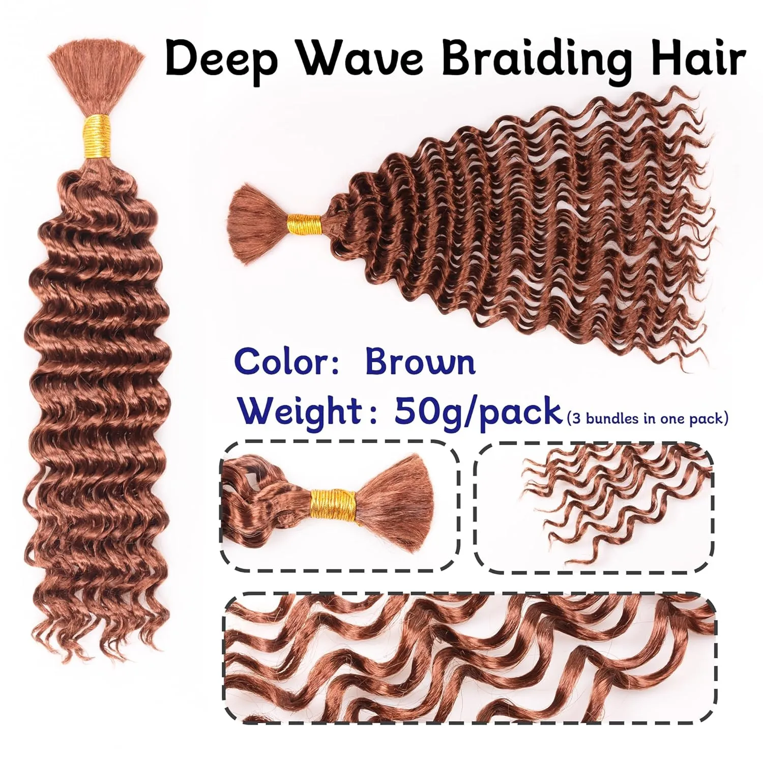 Deep Wave Bulk Braiding Hair Extensions-16 Inches 8 Pakcs Brown Synthetic Curly Hair Bundle for Braiding,No Weft Braids for Human（16"-8 Packs,30#）