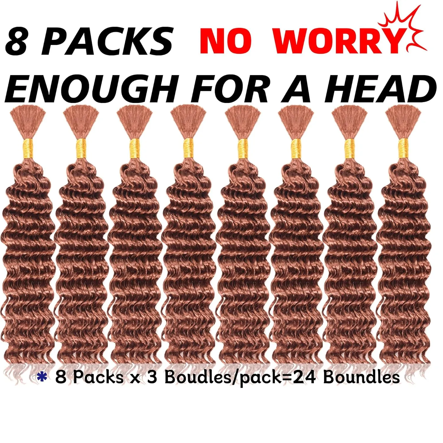 Deep Wave Bulk Braiding Hair Extensions-16 Inches 8 Pakcs Brown Synthetic Curly Hair Bundle for Braiding,No Weft Braids for Human（16"-8 Packs,30#）