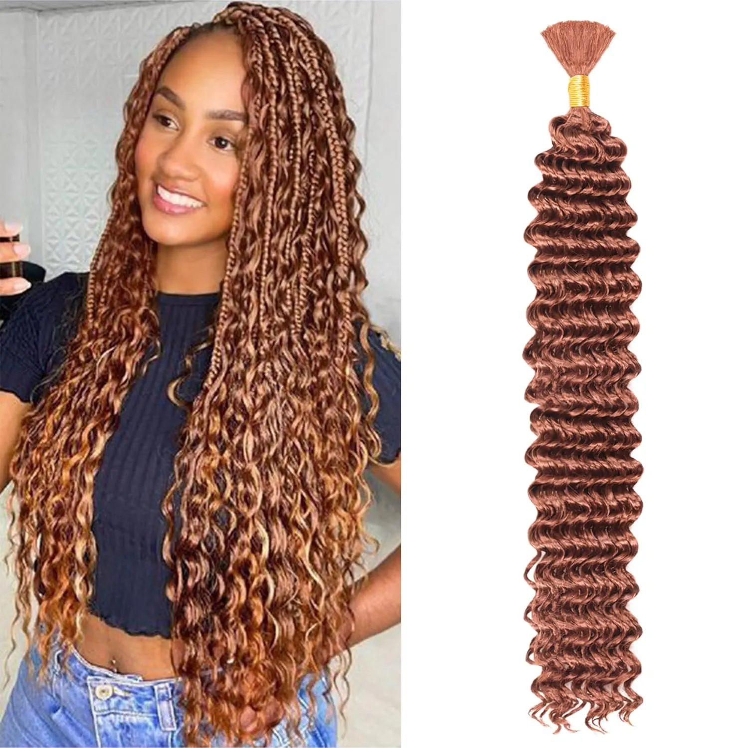 Deep Wave Bulk Braiding Hair Extensions-16 Inches 8 Pakcs Brown Synthetic Curly Hair Bundle for Braiding,No Weft Braids for Human（16"-8 Packs,30#）