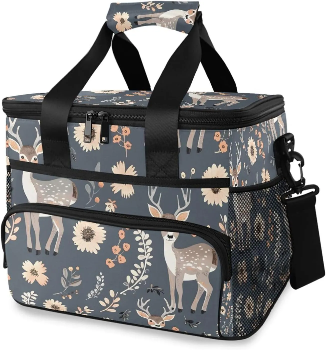 Deer Daisy Flowers Blue Cooler Bag Insulated Cooler Soft Sided Cooler 24 Can Portable Picnic Bag Large Leakproof Lunch Bag Box for Beach Grocery Camping Travel Car Men Women