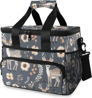 Deer Daisy Flowers Blue Cooler Bag Insulated Cooler Soft Sided Cooler 24 Can Portable Picnic Bag Large Leakproof Lunch Bag Box for Beach Grocery Camping Travel Car Men Women