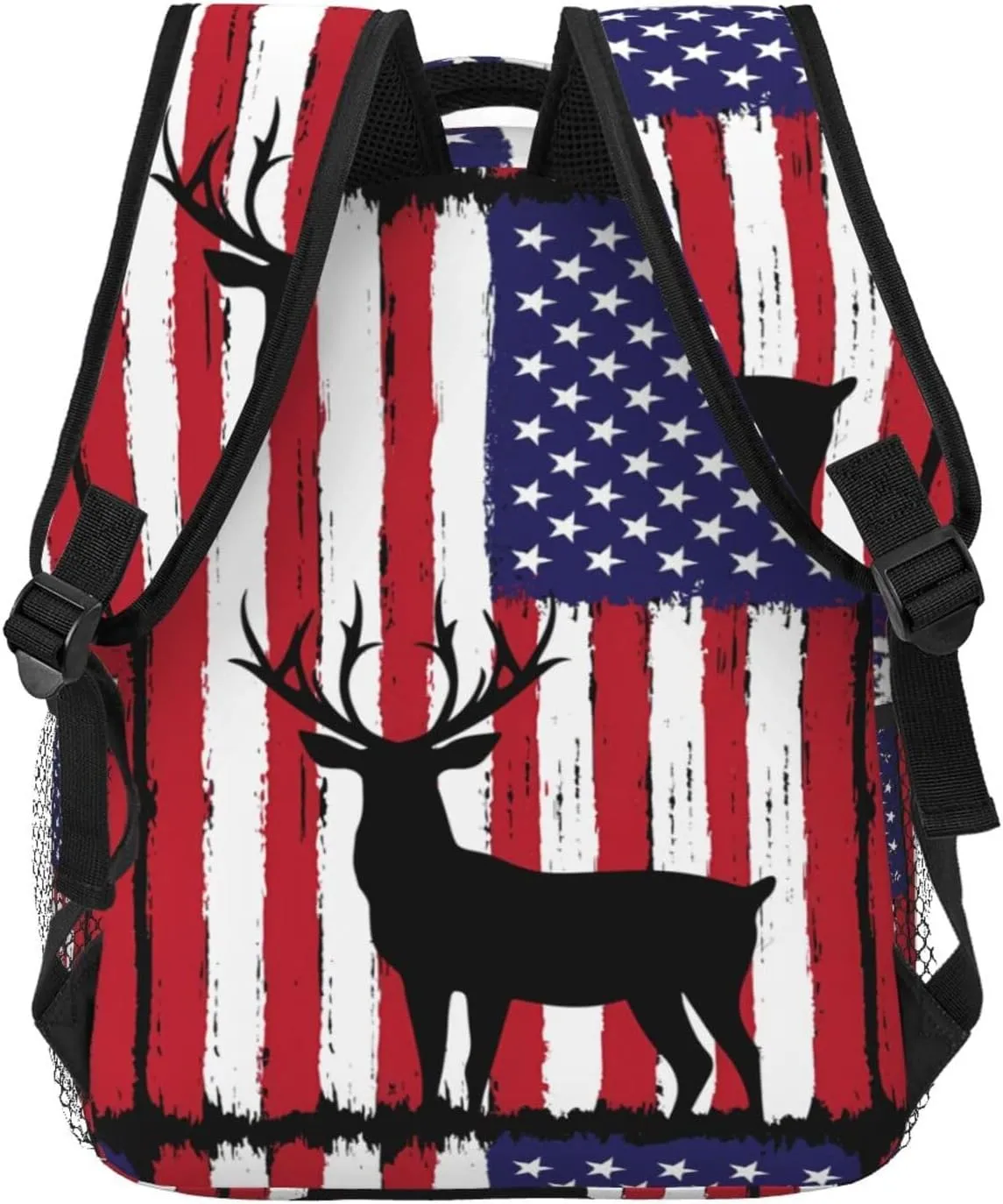 Deer Hunting American Flag Backpack Casual Pack Bag Laptop Backpack With Side Pocket Front Zipper Pocket Bookpack Travel Daypack Picnic Rucksack