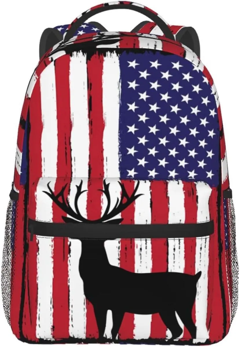 Deer Hunting American Flag Backpack Casual Pack Bag Laptop Backpack With Side Pocket Front Zipper Pocket Bookpack Travel Daypack Picnic Rucksack