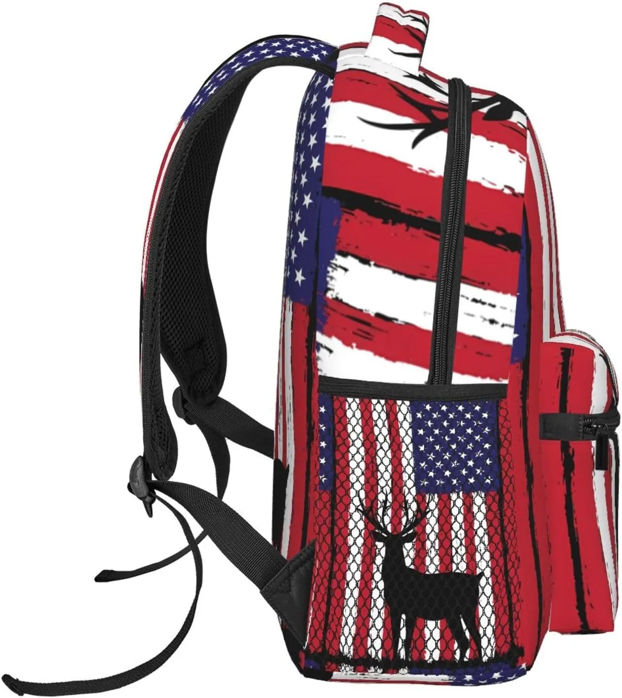 Deer Hunting American Flag Backpack Casual Pack Bag Laptop Backpack With Side Pocket Front Zipper Pocket Bookpack Travel Daypack Picnic Rucksack