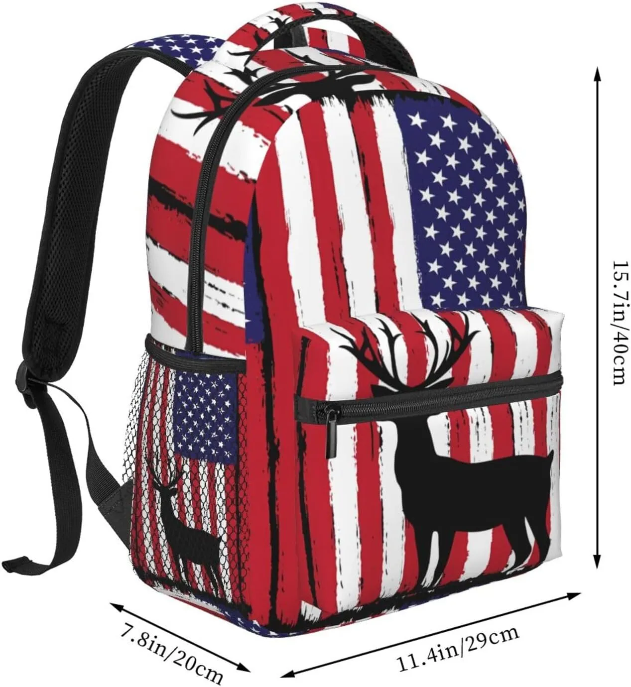 Deer Hunting American Flag Backpack Casual Pack Bag Laptop Backpack With Side Pocket Front Zipper Pocket Bookpack Travel Daypack Picnic Rucksack