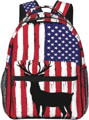 Deer Hunting American Flag Backpack Casual Pack Bag Laptop Backpack With Side Pocket Front Zipper Pocket Bookpack Travel Daypack Picnic Rucksack