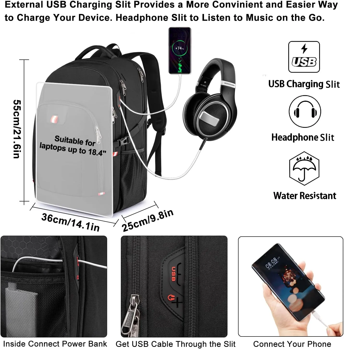 Della Gao Travel Laptop Backpack, Anti Theft Backpack for Men and Women with USB Charging Port Business Computer Backpack Bag (Black, 18.4 Inch)