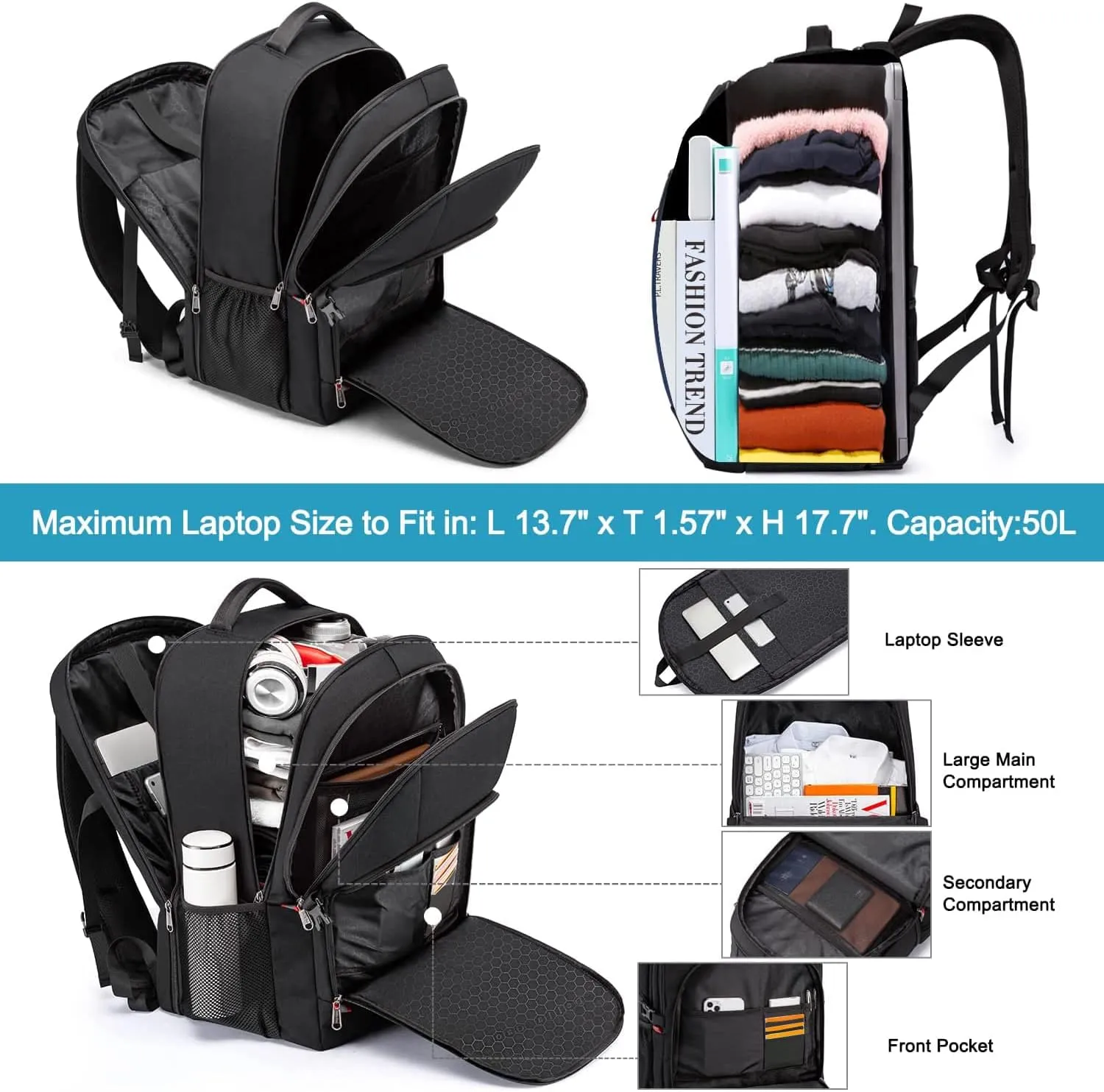 Della Gao Travel Laptop Backpack, Anti Theft Backpack for Men and Women with USB Charging Port Business Computer Backpack Bag (Black, 18.4 Inch)