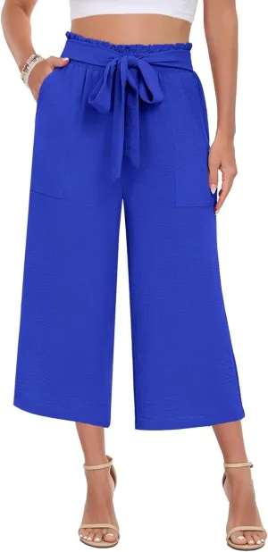 DILIUXING Capri Pants for Women Tie Waist Wide Leg Casual Pants with Pockets Lightweight High-Waist Loose Trousers