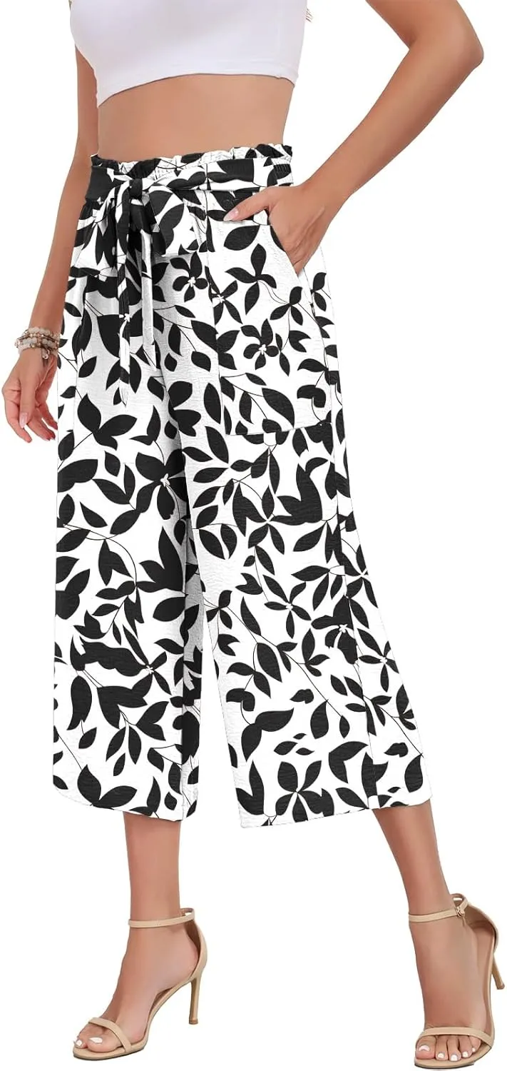 DILIUXING Capri Pants for Women Tie Waist Wide Leg Casual Pants with Pockets Lightweight High-Waist Loose Trousers
