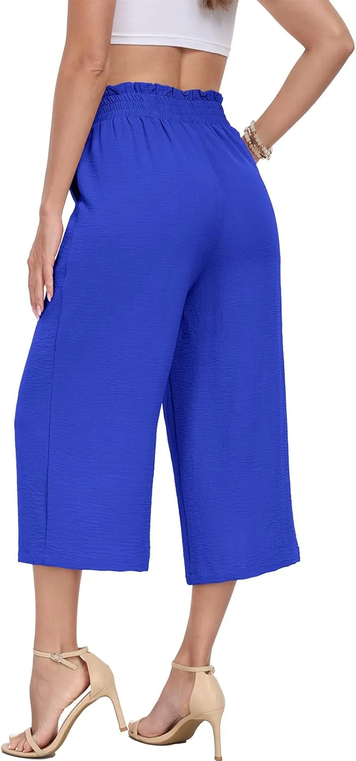 DILIUXING Capri Pants for Women Tie Waist Wide Leg Casual Pants with Pockets Lightweight High-Waist Loose Trousers