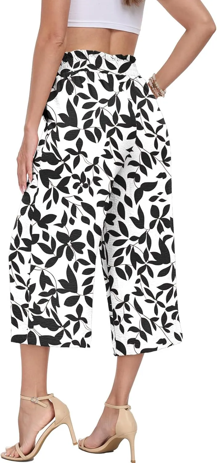 DILIUXING Capri Pants for Women Tie Waist Wide Leg Casual Pants with Pockets Lightweight High-Waist Loose Trousers