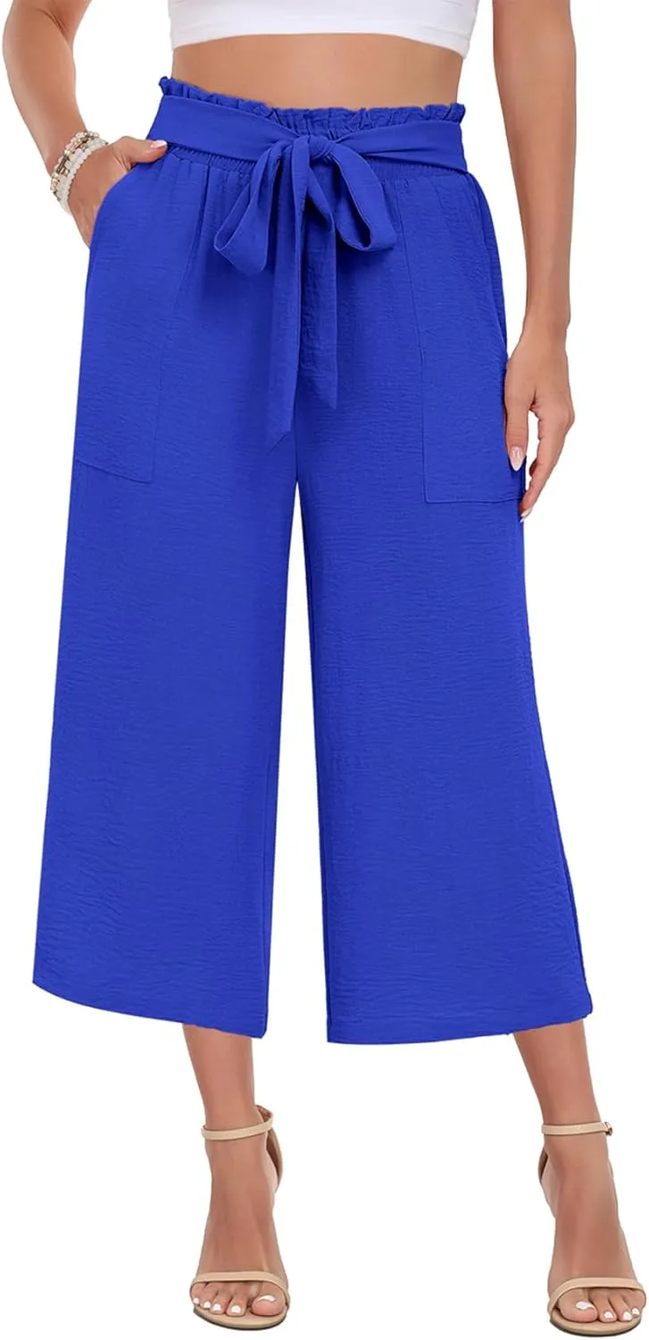 DILIUXING Capri Pants for Women Tie Waist Wide Leg Casual Pants with Pockets Lightweight High-Waist Loose Trousers