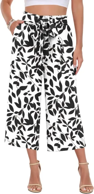DILIUXING Capri Pants for Women Tie Waist Wide Leg Casual Pants with Pockets Lightweight High-Waist Loose Trousers