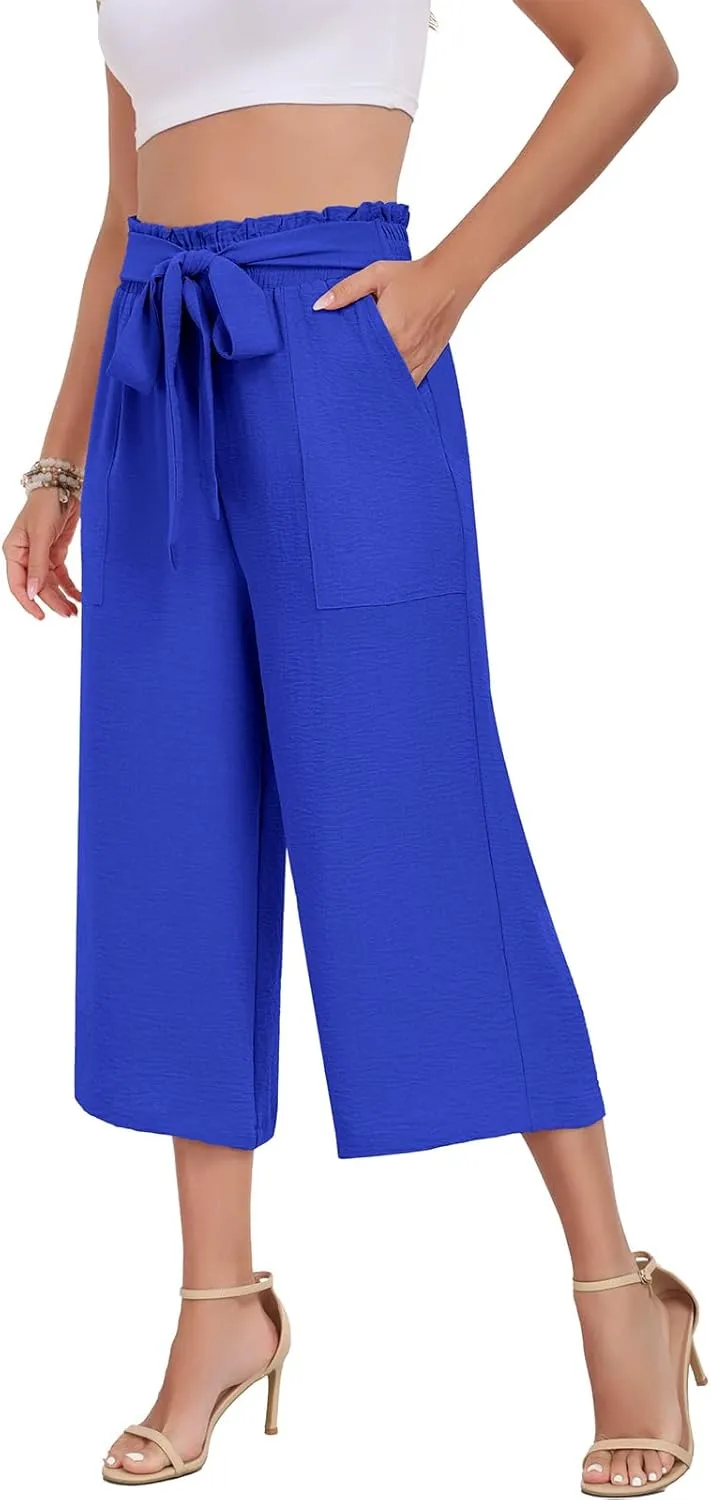 DILIUXING Capri Pants for Women Tie Waist Wide Leg Casual Pants with Pockets Lightweight High-Waist Loose Trousers