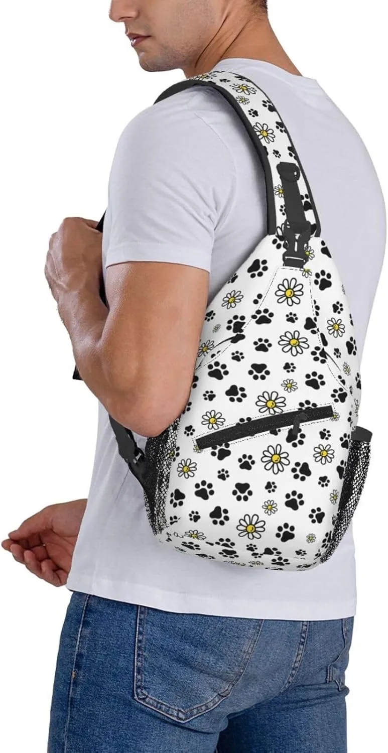 Dog Paw Footprint Daisy Flower Cross Chest Bag Diagonally Hiking Crossbody Bag Travel Shoulder Daypack Lightweight Sling Backpack Cycling Daypacks Fitness Chest Backpacks
