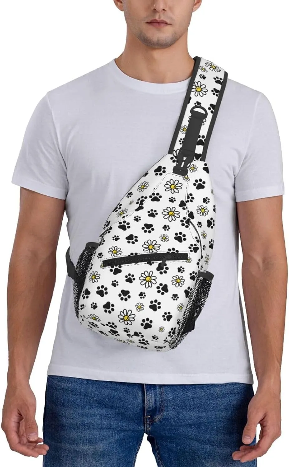 Dog Paw Footprint Daisy Flower Cross Chest Bag Diagonally Hiking Crossbody Bag Travel Shoulder Daypack Lightweight Sling Backpack Cycling Daypacks Fitness Chest Backpacks