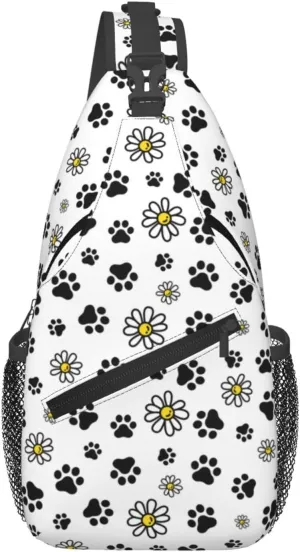 Dog Paw Footprint Daisy Flower Cross Chest Bag Diagonally Hiking Crossbody Bag Travel Shoulder Daypack Lightweight Sling Backpack Cycling Daypacks Fitness Chest Backpacks