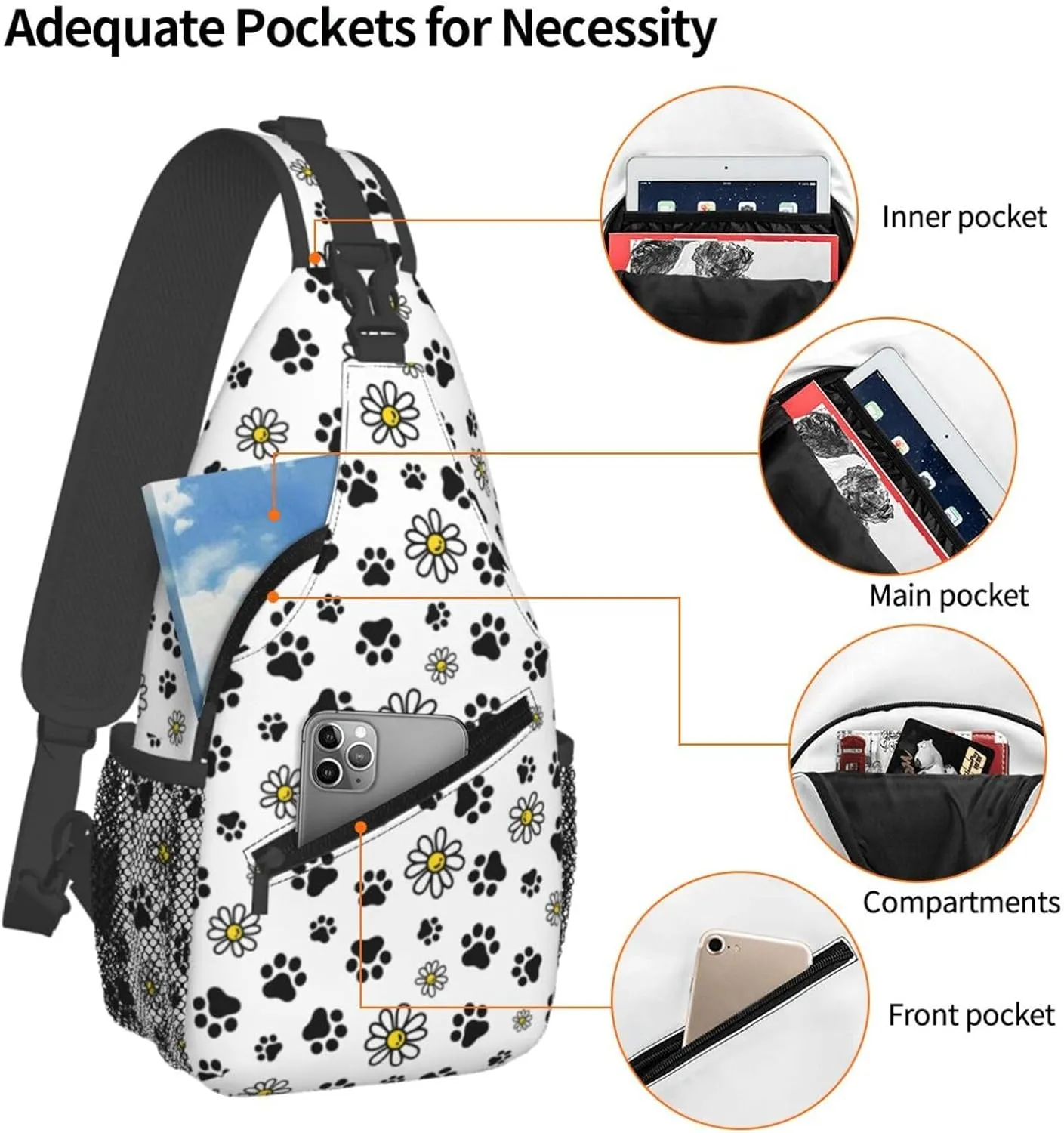Dog Paw Footprint Daisy Flower Cross Chest Bag Diagonally Hiking Crossbody Bag Travel Shoulder Daypack Lightweight Sling Backpack Cycling Daypacks Fitness Chest Backpacks