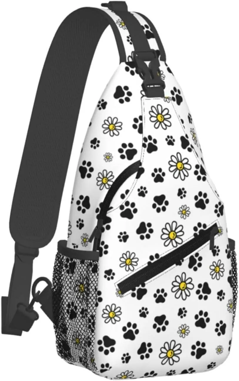 Dog Paw Footprint Daisy Flower Cross Chest Bag Diagonally Hiking Crossbody Bag Travel Shoulder Daypack Lightweight Sling Backpack Cycling Daypacks Fitness Chest Backpacks