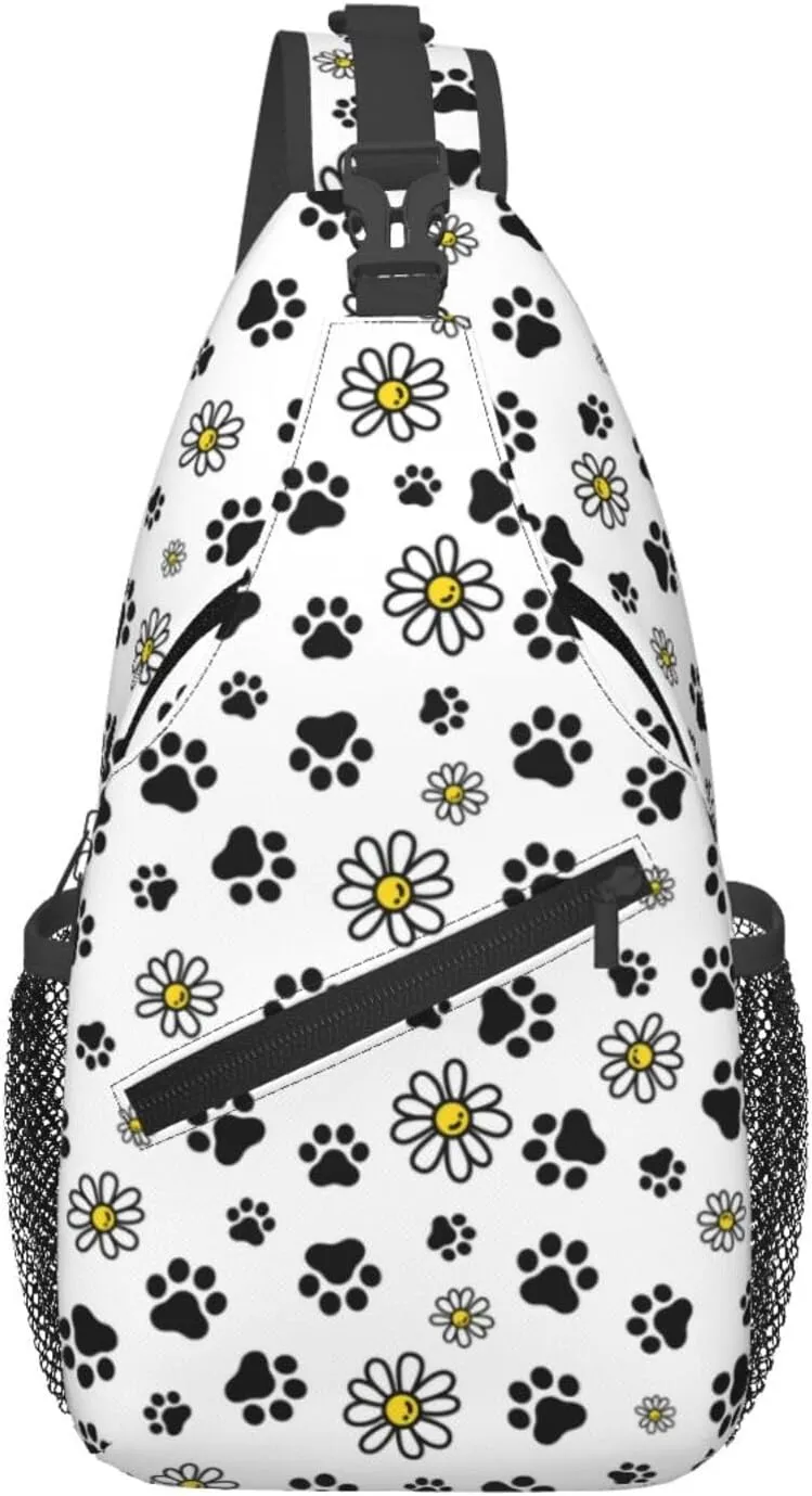 Dog Paw Footprint Daisy Flower Cross Chest Bag Diagonally Hiking Crossbody Bag Travel Shoulder Daypack Lightweight Sling Backpack Cycling Daypacks Fitness Chest Backpacks