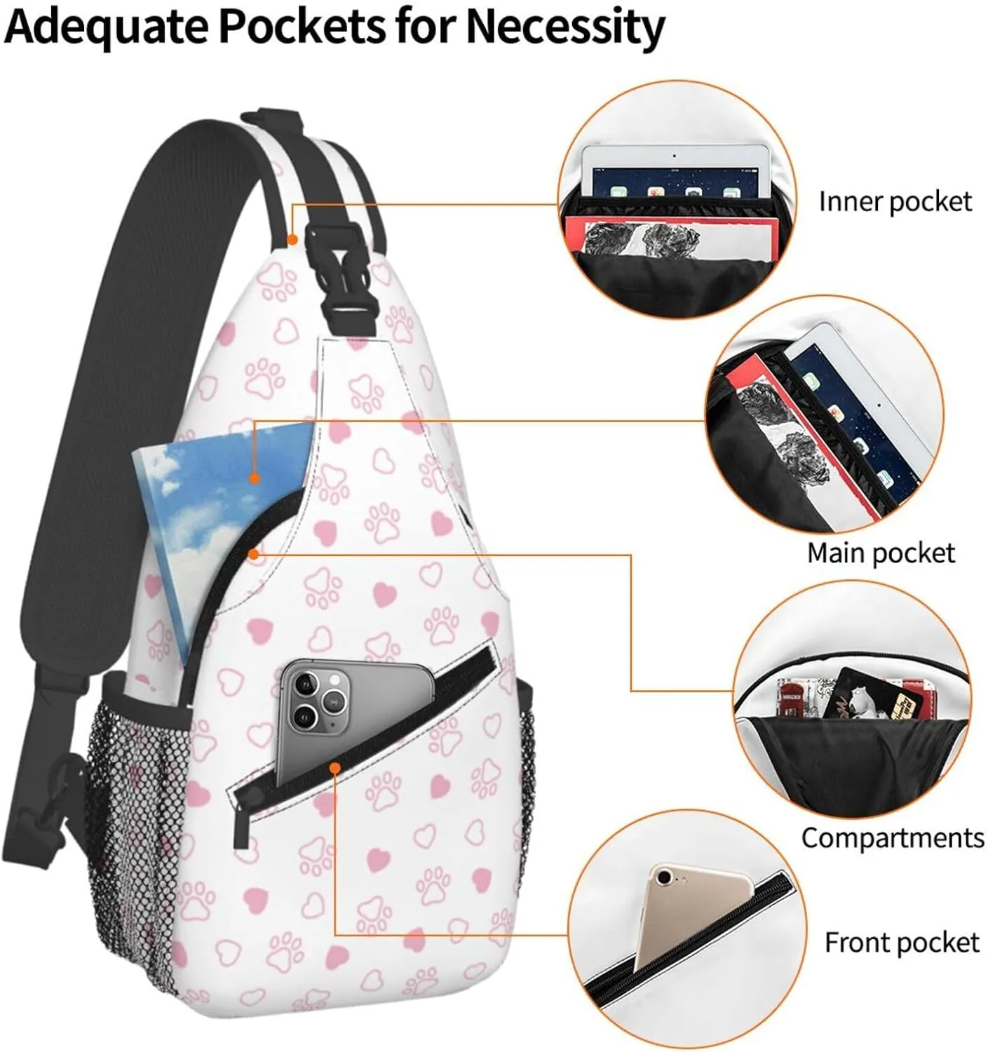 Dog Paw Footprint Pink Heart Cross Chest Bag Diagonally Hiking Crossbody Bag Travel Shoulder Daypack Lightweight Sling Backpack Cycling Daypacks Fitness Chest Backpacks