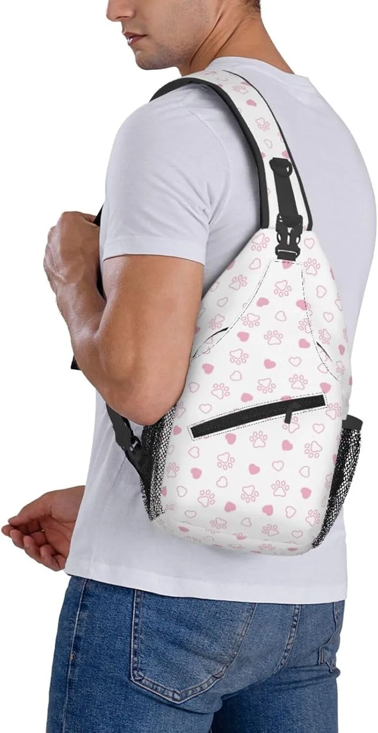 Dog Paw Footprint Pink Heart Cross Chest Bag Diagonally Hiking Crossbody Bag Travel Shoulder Daypack Lightweight Sling Backpack Cycling Daypacks Fitness Chest Backpacks